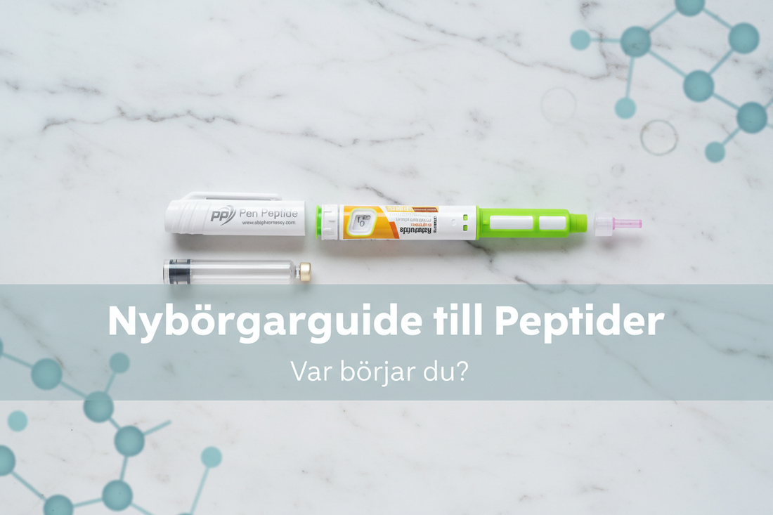 Nybörjarguide till peptider – peptidpenna från Pen Peptide på vit marmor med molekylär grafik
